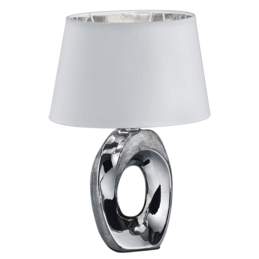 Trio Lighting Taba Lampada Da Tavolo Base Ceramica Argento Con Paralume Bianco E Argento H....