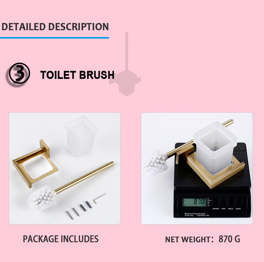 Juego de accesorios de baño de oro cepillado para montaje en pared, soporte para rollo de papel higiénico, toallero, colgador de batas, kit de accesorios de acero inoxidable, soporte para cepillo de