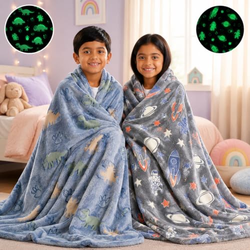 Image of Glow in The Dark Blanket for Kids Pack of 2 Soft Fleece Flannel Throw Blanket Blue & Grey Reindeer Snowflake Design Winter Blanket 150 x 200 cm