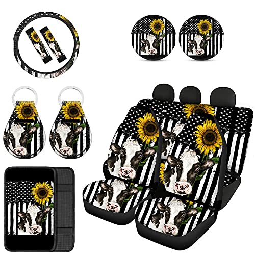 POLERO American Flag Sunflower Cow Print Car Seat Covers/Steering Wheel Cover/Seatbelt Pads/Keychain Holder/Center Console Armrest Pad/Cupholder Coasters, 12pcs Auto Interior Accessories