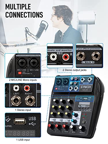 SYNCO MC4 Audio-Mixer-Blue-tooth-USB-Record 4-Channel BT Sound Mixing Console Mono Stereo Input Reverb Effects, 48V Phantom Power, Audio Interface Board for Stage Tuning, Home KTV, Studio Music etc - Thumbnail 2