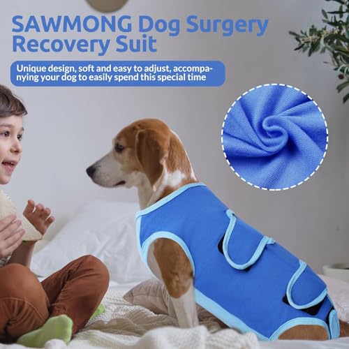 Image of SAWMONG Recovery Suit for Dogs Cotton, Professional Dog Surgery Suit for Spay, Pet Cone Alternative, Breathable Dog Onesie for Surgery Female Male, Abdominal Wounds Skin Disease Cat (XL, Blue)