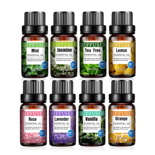 Aceites Esenciales Difusores, 8 Fragancias, 10 ml cada uno, Lavanda, Rosa, Jazmín, Menta, Vainilla, Naranja, Limón, Árbol de Té