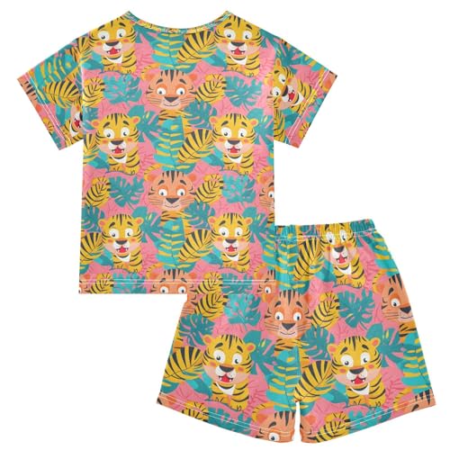 ALAZA Tiger Palm Leaf Pajamas Short Sleeve 2 Piece Sleepwear Top and Bottom Pajama Set Unisex2