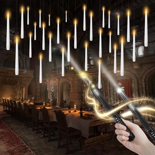 Image of kakoya Flameless Floating Candles with Wand，30 Pcs Magic LED Hanging Taper Candles，Flickering Battery Operated Taper Candle with Wand Remote for Halloween Decorations Best Gift（White）