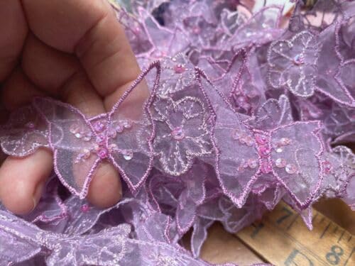 Orchid Embroidered Beaded Flowers Trim Butterflies Hand Sewn 1.5" Sequins Beads 1yd Fabric