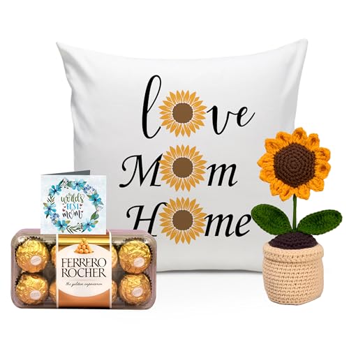 Image of TIED RIBBONS Gift for Mom, Birthday Gift for Mom Women Wife Mother in Law Mummy | Artificial Handcrafted Flower with Pot | Printed Cushion with Filler (12 X 12 Inch) | Chocolate Gifts Pack | Card
