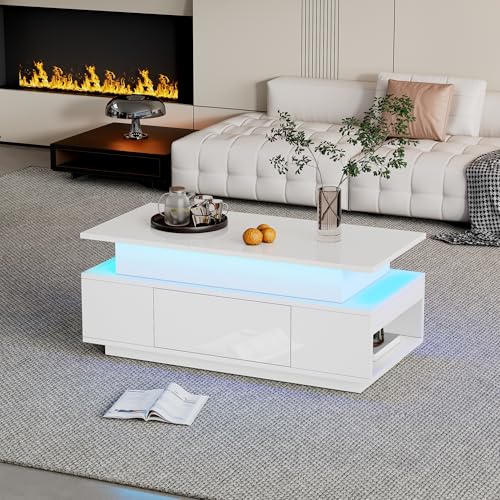 Merax Höhenverstellbarer CouchtischHochglanz Wohnzimmertisch mit LED Beleuchtung, Lift-Top Kaffeetisch mit Schublade,Ablagefächern, Sofatisch für Wohnzimmer,96 x 45 x 40 cm, Weiß – Bild 5