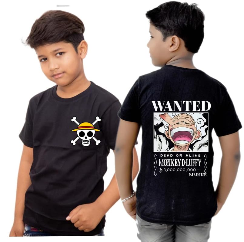 shree chitransh creations Kid's Cotton Wanted Monkey D Luffy Print Half Sleeve Round Neck Regular Fit Black T-Shirt for Boys (Pack of 1) (Size: 11-12 Years)