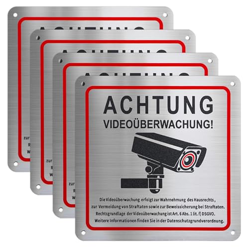 4 cartelli di avvertimento per videosorveglianza, in alluminio, conformi alla normativa GDPR, 15 x 15 cm, con pellicola autoadesiva, ad alta visibilità e resistente alle intemperie, protezione per