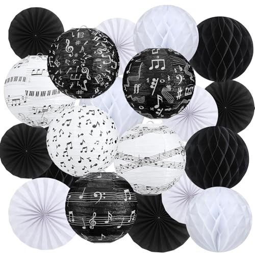 Baquler 18 Pcs Music Party Decoration Music Notes Hanging Paper Lanterns Black and White Paper Fans Honeycomb for Prom Rock Roll Concert 50's Theme Party Classroom Decoration