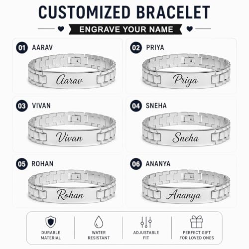 Image of Personalized Name Engraved Bracelet for Men & Women | Stainless Steel Chain Link Bracelet | Custom Name & Inspirational Text | Durable & Adjustable