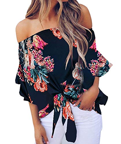 LuckyMore Off The Shoulder Tops Women Summer 3/4 Bell Sleeve Tie Knot Boho Shirt Blouses