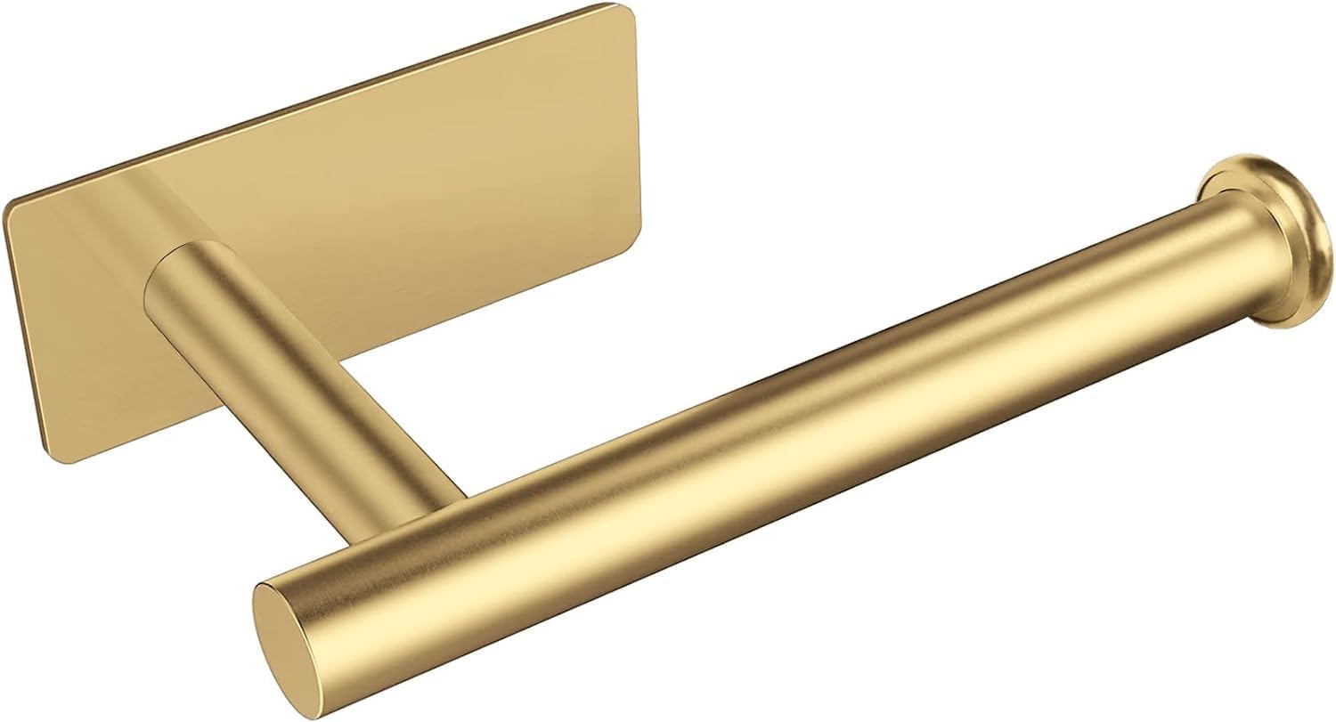 Toilet Roll Holder Wall Mounted, God Self Adhesive Toilet Roll Holder SUS 304 Stainless Steel Toilet Paper Holder No Drilling for Bathroom (Brushed Brass) (Square Gold)
