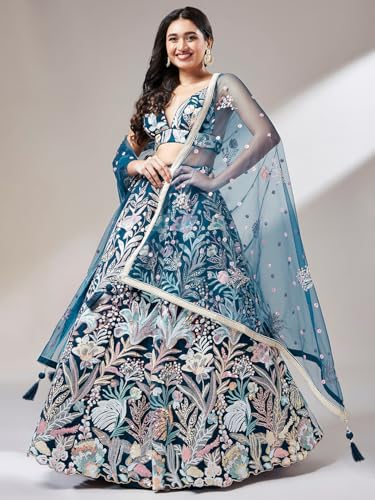 Image of Zeel Clothing Women's Sequins Embroidered Fabric Soft Net Lehenga Choli With Dupatta (6032-Blue-Wedding-Stylish-Lehenga-Choli-Latest; Free Size), Customizable Length