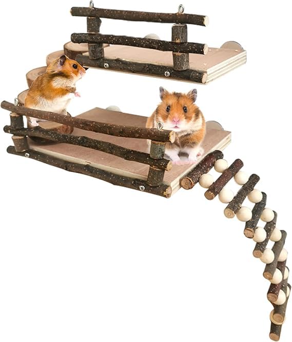 SS ORGANIC Hamster Climbing Toys, 2 Layer Wooden Activity Platform with Bridge Hanging Playground Cage Accessories Hamster Wood Chewing Toys for Dwarf Hamsters Gerbils Small Pets-image-43