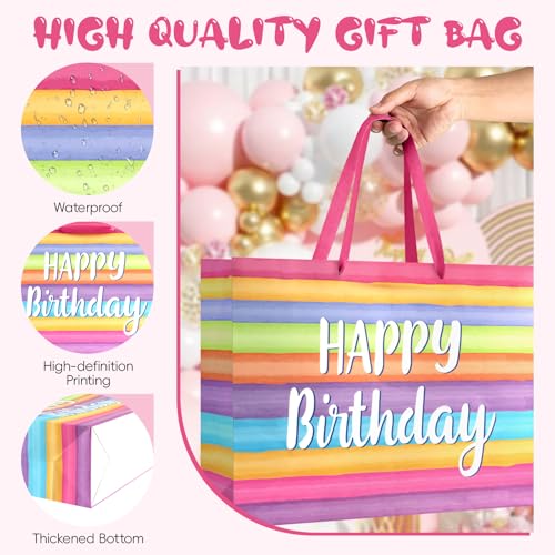 Image of JMANNI Colorful Large Happy Birthday Gift Bag with Tissue Papers and Greeting Card, Portable Paper Gift Bags with Handles, Present Bags for Women Girls Birthday Party Supplies 13 inch x 10.2 inch x 4.7 inch