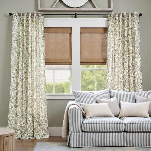 Image of jinchan Linen Floral Curtains for Living Room with Printed Flower 96 Inches Long Light Filtering Farmhouse Window Treatment Vintage Drapes Back Tab Rod Pocket 2 Panels Green on Beige