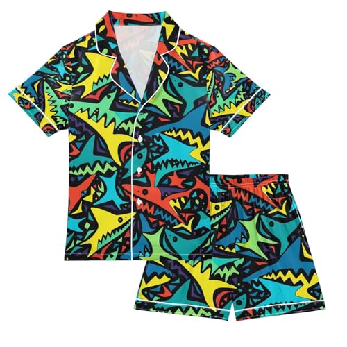 senya Cartoon Sharks Satin Summer Pajama Sets Silk Short Sleeve Button Down Sleepwear