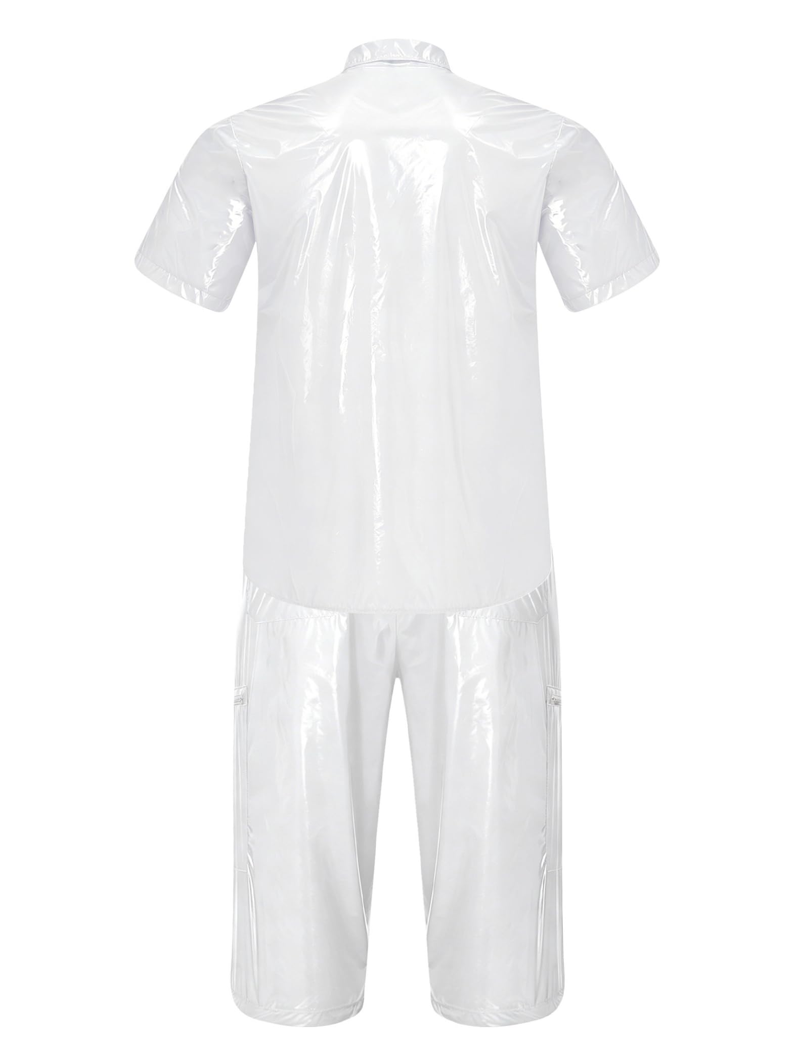 Uomo Look Wetlook Abito Due Pezzi Camicia E Pantaloni Corti Party Discoteca Outfit Bianco XXL