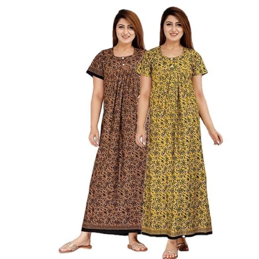 Image of OFEEFAN Cotton Nighty for Women - Pack of 2 Printed Maxi Gowns, Ankle-Length Night Dresses, Soft & Breathable Sleepwear - Free Size