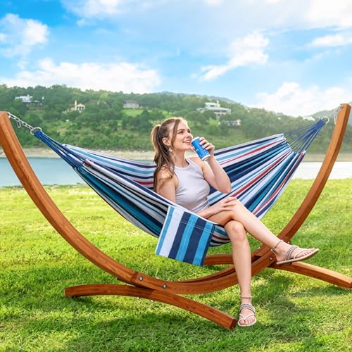 Image of SUNCREAT Portable Hammock with 10 ft Wooden Stand, Blue Stripes