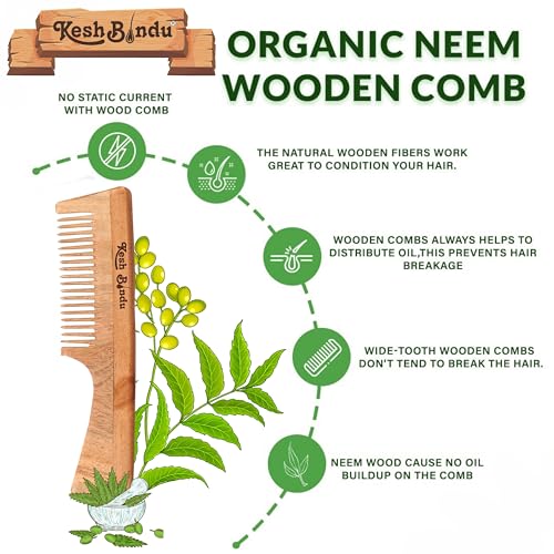 Image of Handmade Kacchi Broad Neem Wooden Comb For Women Detangling, Frizz Control & Shine, Suited For All Hair Types Kangi (Handle Comb)