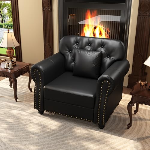 Image of KEIKI 41 inch Faux Leather Chesterfield Sofa with Rolled Arms & Nailhead Trim & 1 Ottoman, 1-Seater Button Tufted Couch with High Resilience Cushion & 1 Pillow, Easy Assembly, for Living Room, Black