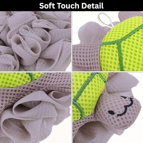 Image of Luxe Home International Bath Sponge For Kids And Adult Microfibre Soft Shower Loofah Turtle Pattern Gentle Skin Exfoliating Body Scrubber For Toddler Green 15x17cm Pack Of 1