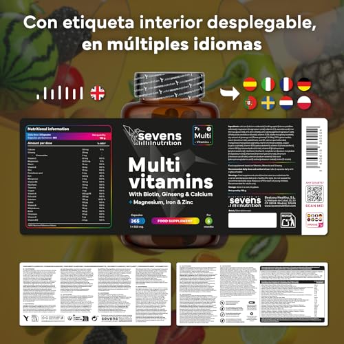 Miniatura 7 de Vitaminas Para El Cansancio Con Magnesio Y Ginseng - Multivitaminas Para Hombre Y Mujer -365 Comprimidos Para 1 Año De Suministro - Complejo Multivitamínico Completo Con Minerales Y Ginseng- Sevens