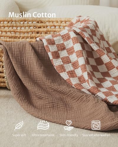 Image of Blissful Diary Muslin Mini Crib Sheets, 2 Pack, Brown Checkboard & Brown | fitted for pack n play, soft and breathable cotton, boho style, easy care for machine wash, gifts for boys and girls