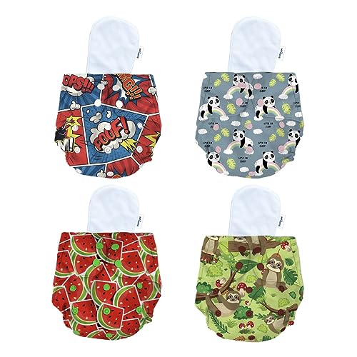 Image of Bumtum Baby Diaper | 0-3 Yrs Baby Freesize | Pack of 4, New Born Baby Diaper, Cloth Diaper, Waterproof Reusable Diaper, Washable, Cotton, Extra Soft (Panda, Poof, Sloth & Watermelon)