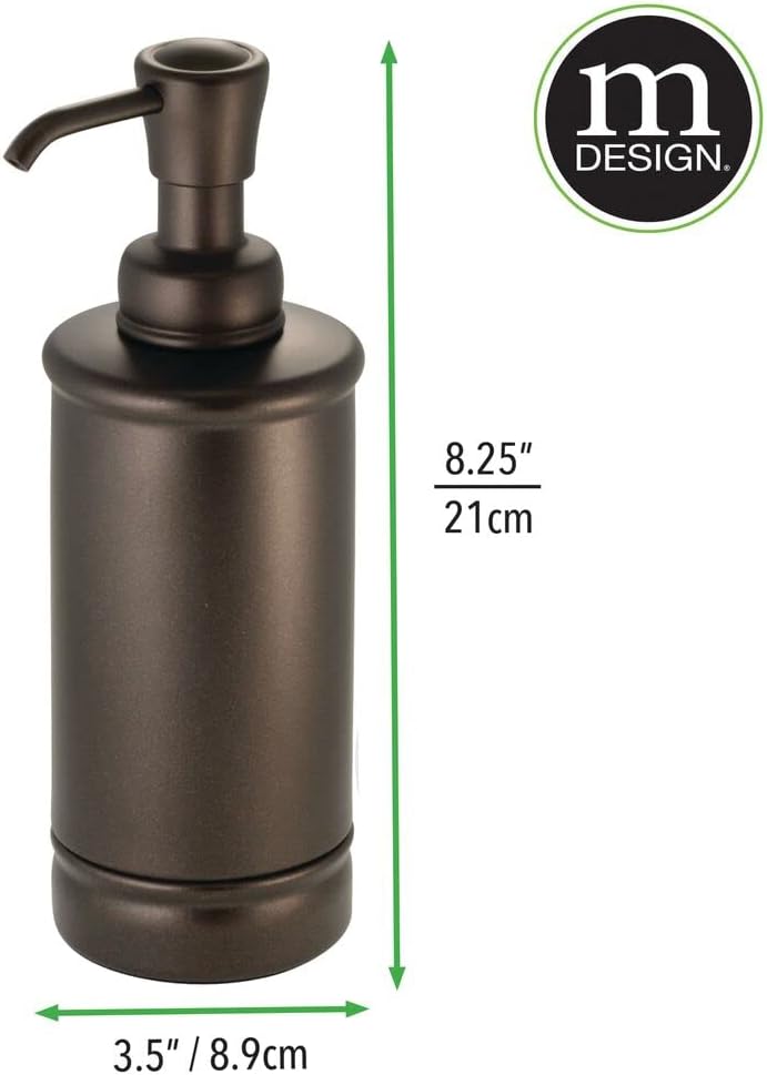 Diagram showing the dimensions of the mDesign soap dispenser, indicating a base diameter of 3.5 inches (8.9 cm) and a total height of 8.25 inches (21 cm)
