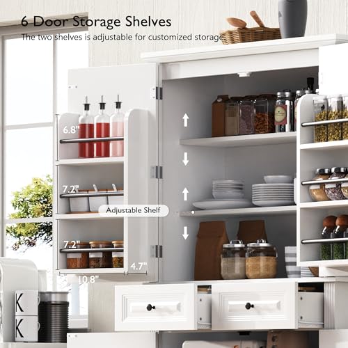 Image of Ball & Cast 71″Tall Farmhouse Kitchen Pantry Cabinet with 3 Pull Out Shelves & 2 Large Drawers,Versatile Pantryl Storage Cabinet w / 6 Door Shelf & Adjustable Shelves for Kitchen,Dining Room,White