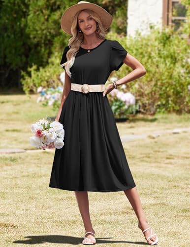 Image of HOTOUCH Women's Summer A-Line Midi Dresses 2026 Casual Floral Short Sleeve T-Shirt Dress Flowy Beach Sundress with Pockets