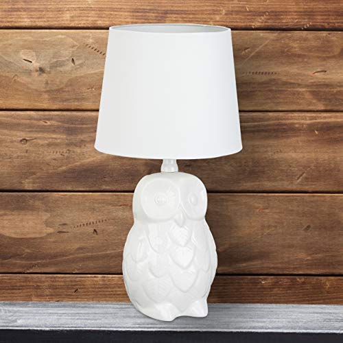 Relaxdays Lampe de table chouette lampe de chevet hibou céramique blanche 40 cm hauteur liseuse abat jour tissu, blanc