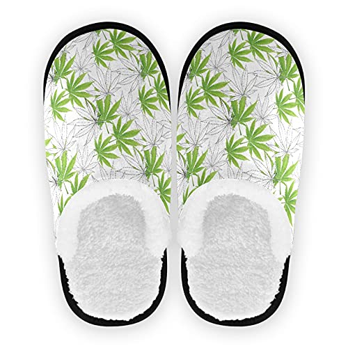 OTVEE Marijuana Weed Hemp Green Leaf Unisex Slipper Coral Fleece House Slipper Anti-Skid Indoor Socks House Shoes for Men and Women-L