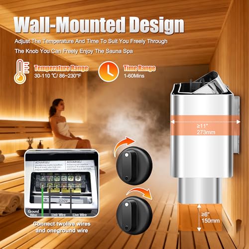 Sauna Heater, 9KW 220V Electric Sauna Stove, Steam Bath Sauna Heater with External Digital Controller, for Cubic Feet, Home Hotel Spa Shower,All stainless steel body(Gift: Heating tube) - Thumbnail 3