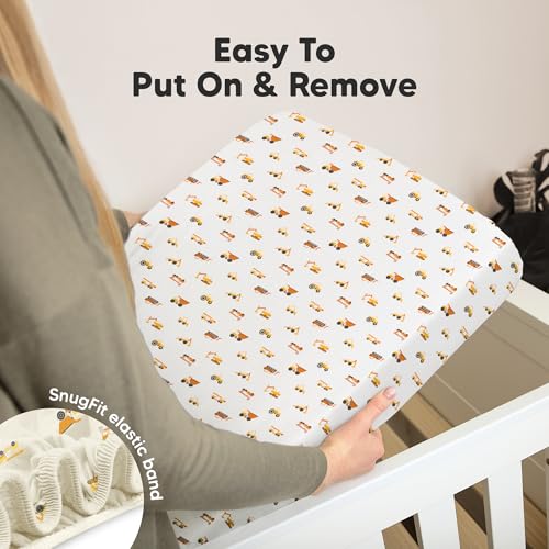 Image of 2pk Organic Cotton Crib Sheets for Boy Girl 52x28 (Construction) | Fitted Crib Mattress Sheet Neutral, Breathable Cover for Baby Bed Set, Toddler Mattress, Soft & Cute Prints