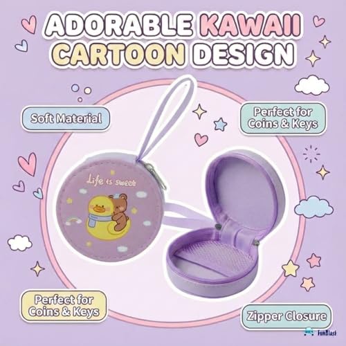 Image of FunBlast Round Coin Pouch for Kids - Cute Cartoon Design Mini Purse, Multipurpose Coins Pouch, Small Zipper Wallet for Kids & Girls, Kawaii Coin Bag (PurpleRandom)
