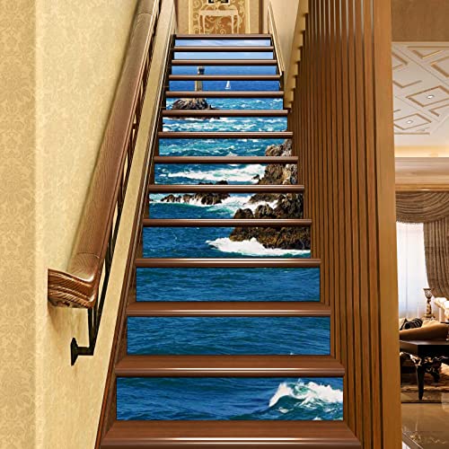 Lighthouse White Grey Blue Self Adhesive Stair Stickers, Peel And Stick Vinyl Stair Risers Staircase Murals Decals Sticker Decor For Steps,7.1"X39.4"X13Pcs #TOP15