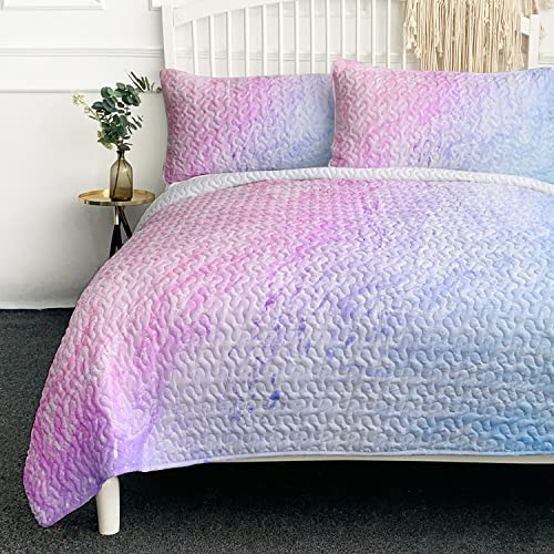 BlessLiving 3-Piece Tie Dye Colorful Queen Size Quilt Set with 2 Pillow Shams, Lightweight Bedspread/Coverlet/Bed Cover for Kids Girls - (Pink Blue Marble Pattern, size90 x90)
