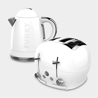 Funky Retro Kettle + Toaster Breakfast Set, 1.7L Easy Pour Kettle, Large Deep + Wide Toaster, White