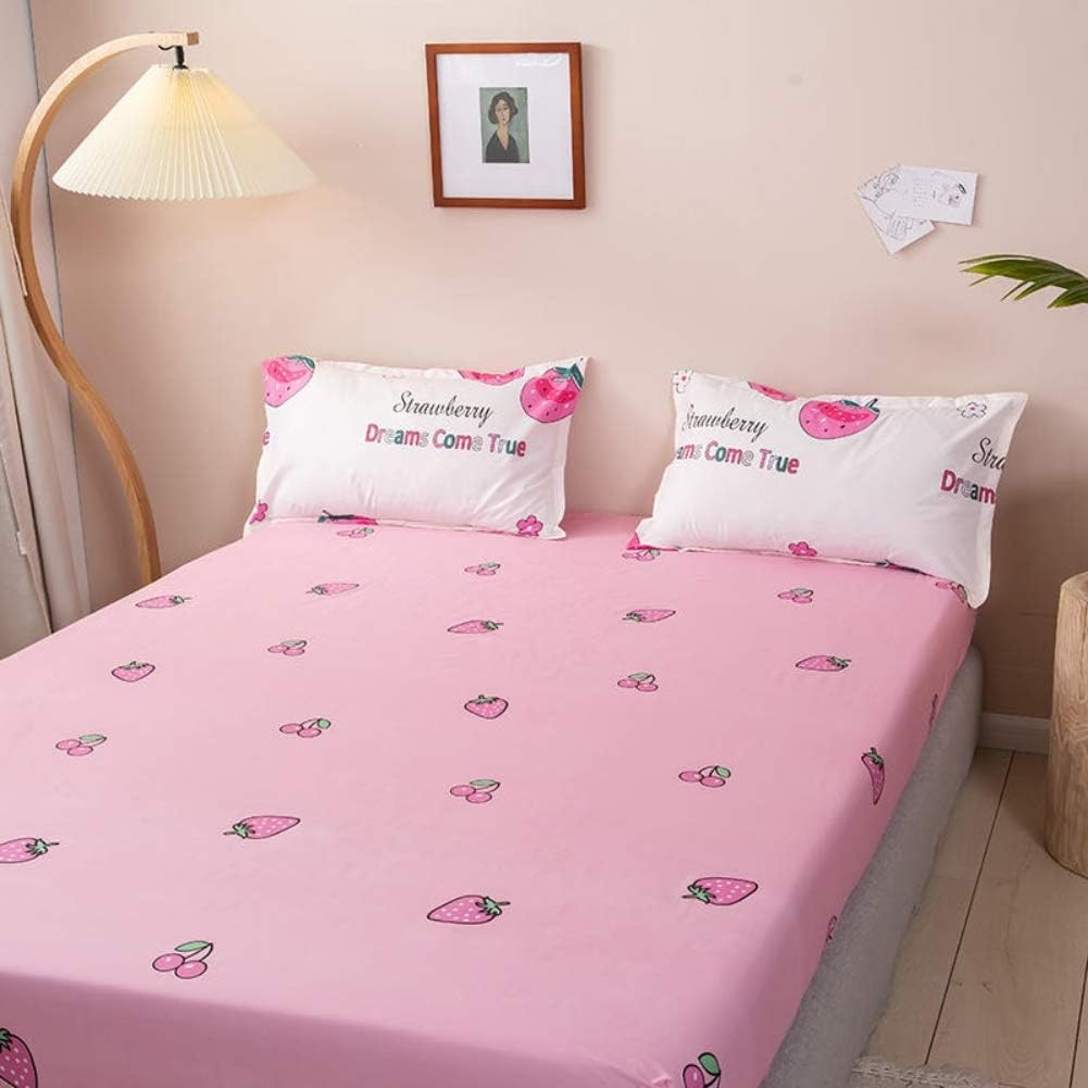 Girls Fitted Sheet Queen Size Cute Strawberry Bedding Set for Kids Children Bedroom Decor Girly Cartoon Fruit Print Bed Sheet Set Lovely Pink Bed Cover with 2 Pillow Cases,Flat Sheet not Included