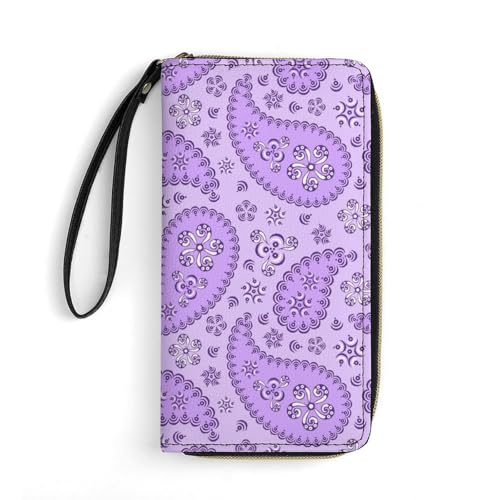 Purple Paisley Portable Long Wallet for Women Men Zipped Travel Purse Credit Card Holder Coin Pouch