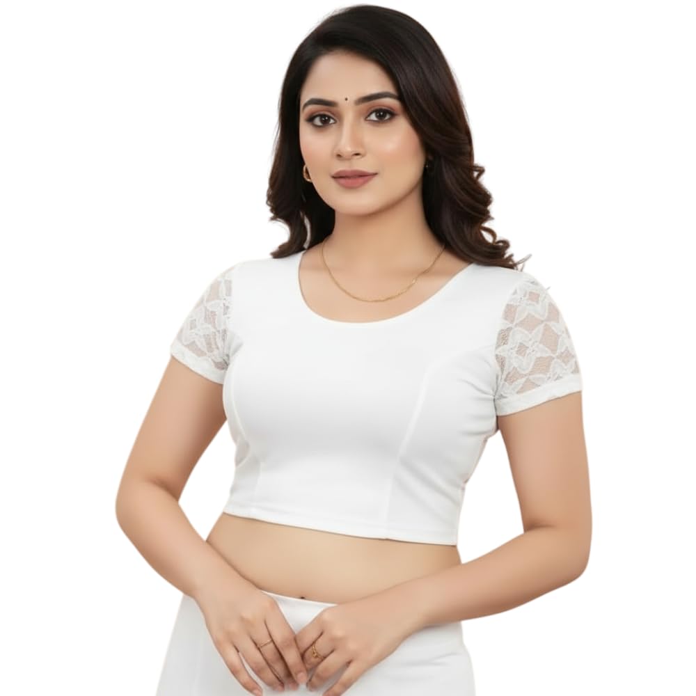 Round Neck Cotton Lycra Stretchable Half Net Sleeve Readymade Saree Blouse for Women and Girls Stylish Size (26 to 44)-image-35