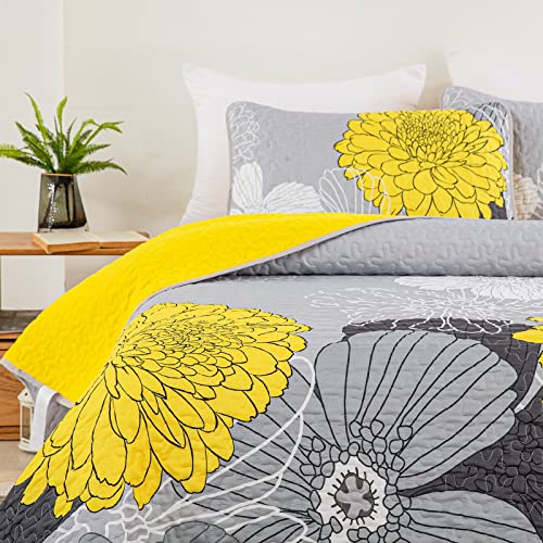 Yiran Floral Quilt Queen Size Set - 3 Piece Yellow Bedspreads Queen Size Quilt Sets For Queen Bed, Lightweight Boho Quilt Bedding Set For All Season(1 Flower Quilt Coverlet 90"X90", 2 Shams 20"X30") #TOP2