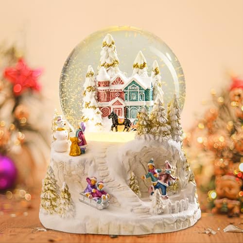 Christmas Snow Globe Carriage Snow Globe Color Changing Lighted Musical Water Globe with Snowman&Sledge and Skating Pond Decor Resin Glass Balls Table Decor, for Kids/Woman
