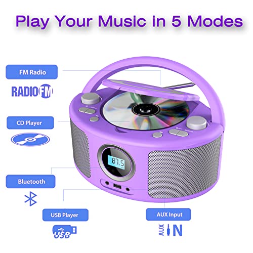 Portable Cd Player Bluetooth Boombox With Fm Radio, Usb, Aux And Headphone Jack, Cd-R/Rw And Mp3 Cds Compatible, Ac/Battery Operated,Remote Control #TOP2