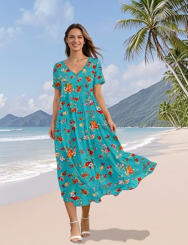Image of YESNO Women's Summer Maxi Dresses Casual Floral Short Sleeve V Neck Boho Beach Vacation Swing Dress with Pockets EVF
